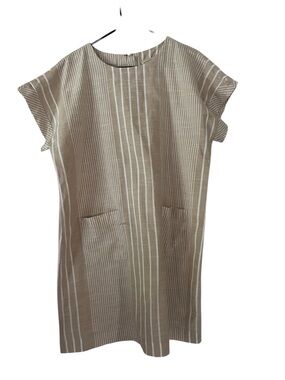 Appleseed's Sz16 Petite Beige, White Vertical Stripe Shift Dress, Pockets